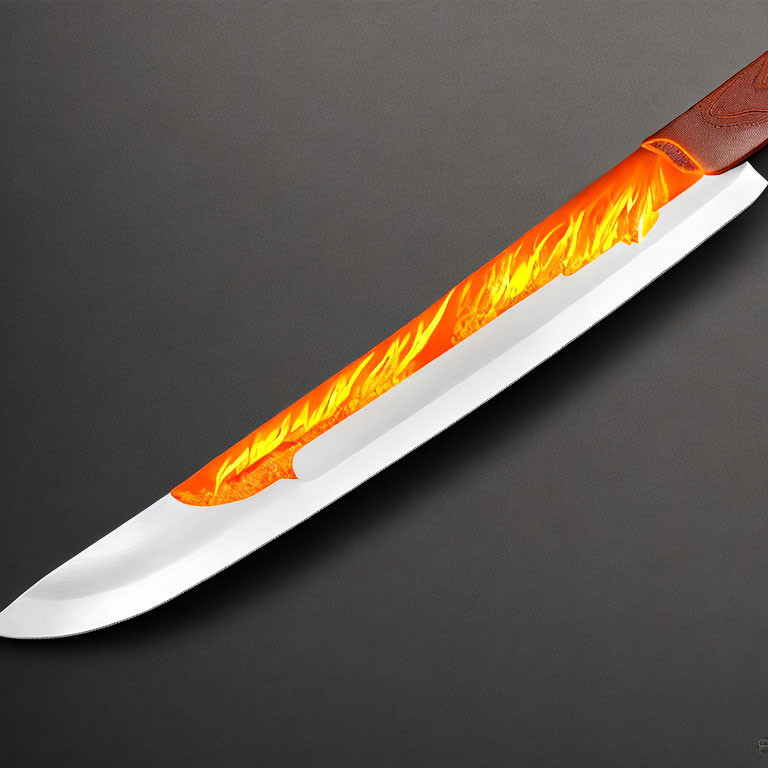 Vibrant orange flame design sword on dark grey background with brown leather handle