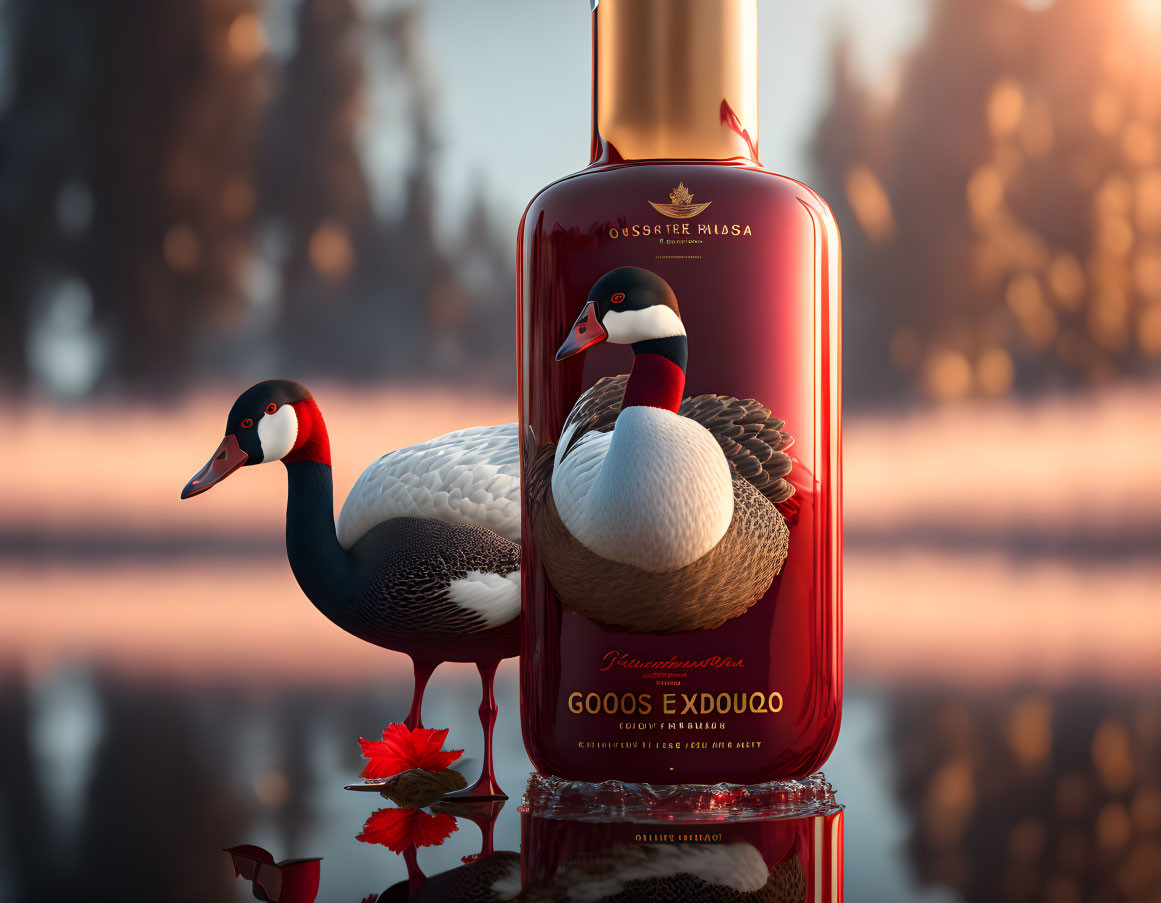 Red and Gold Swan-themed Perfume Bottle Against Forest Sunset Background