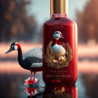 Red and Gold Swan-themed Perfume Bottle Against Forest Sunset Background