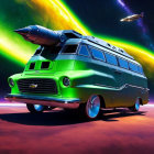 Green retro-futuristic camper van on red planet with rocket engines, northern lights, and spaceships