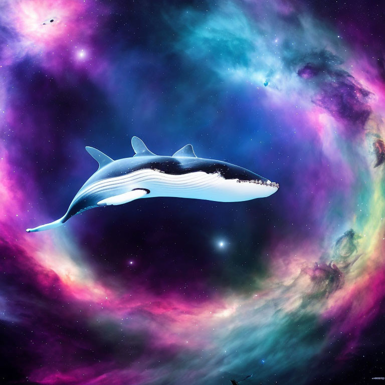 Orca on Colorful Cosmic Background with Nebulae and Stars