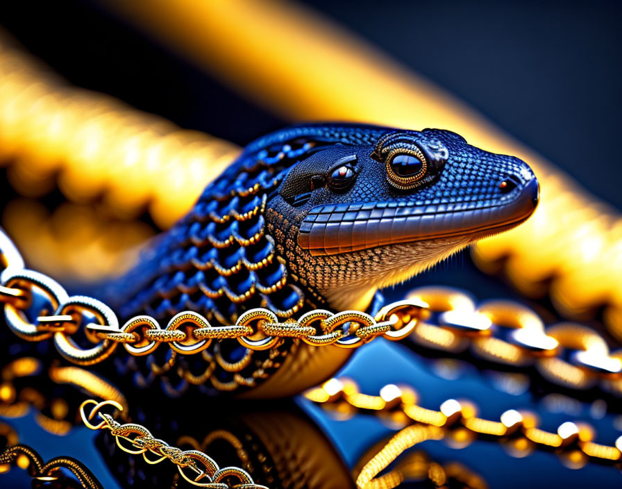 Black lizard among golden chains on blurred blue and gold background