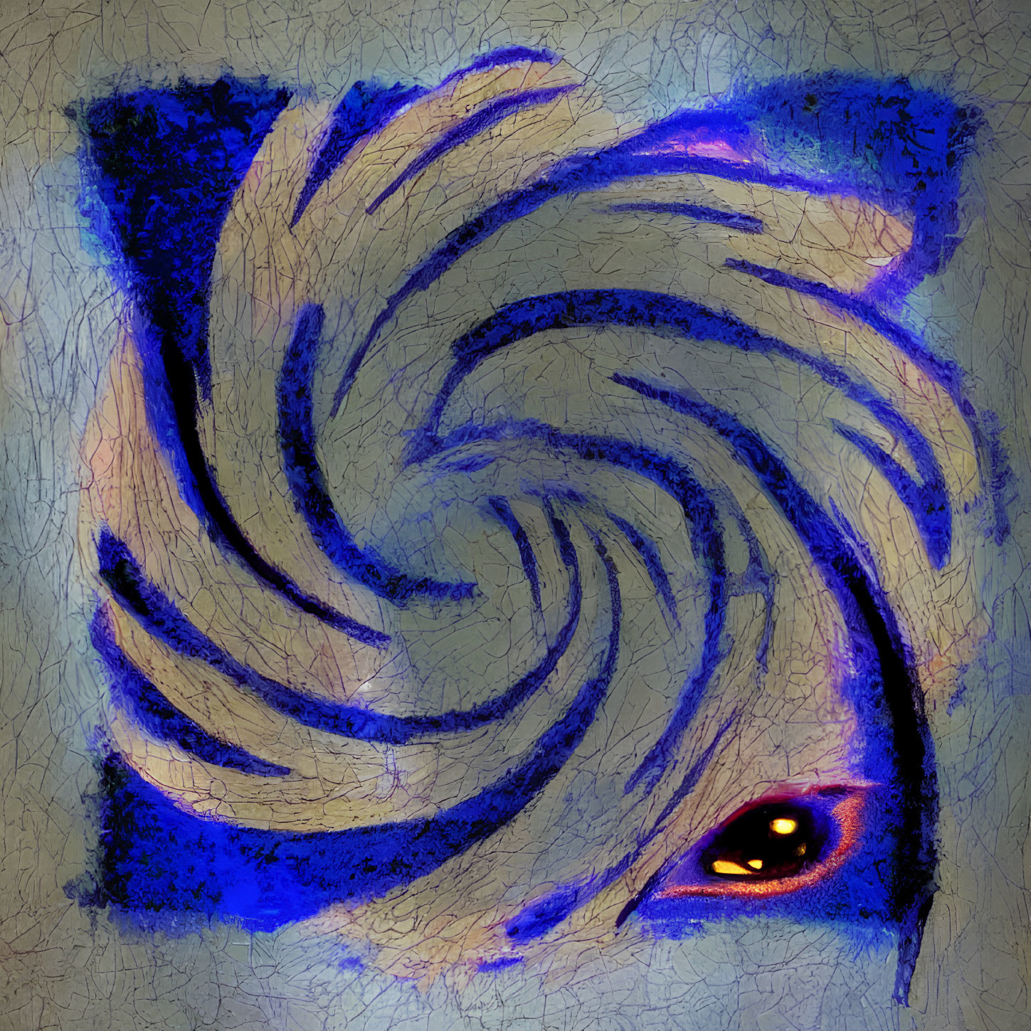 Abstract Blue and White Swirl Pattern with Red and Yellow Eye