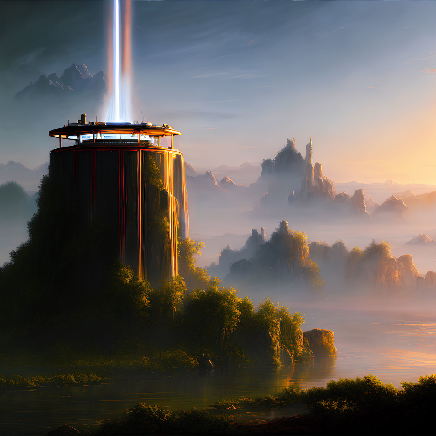 Futuristic tower emitting light in misty mountain landscape at sunrise or sunset