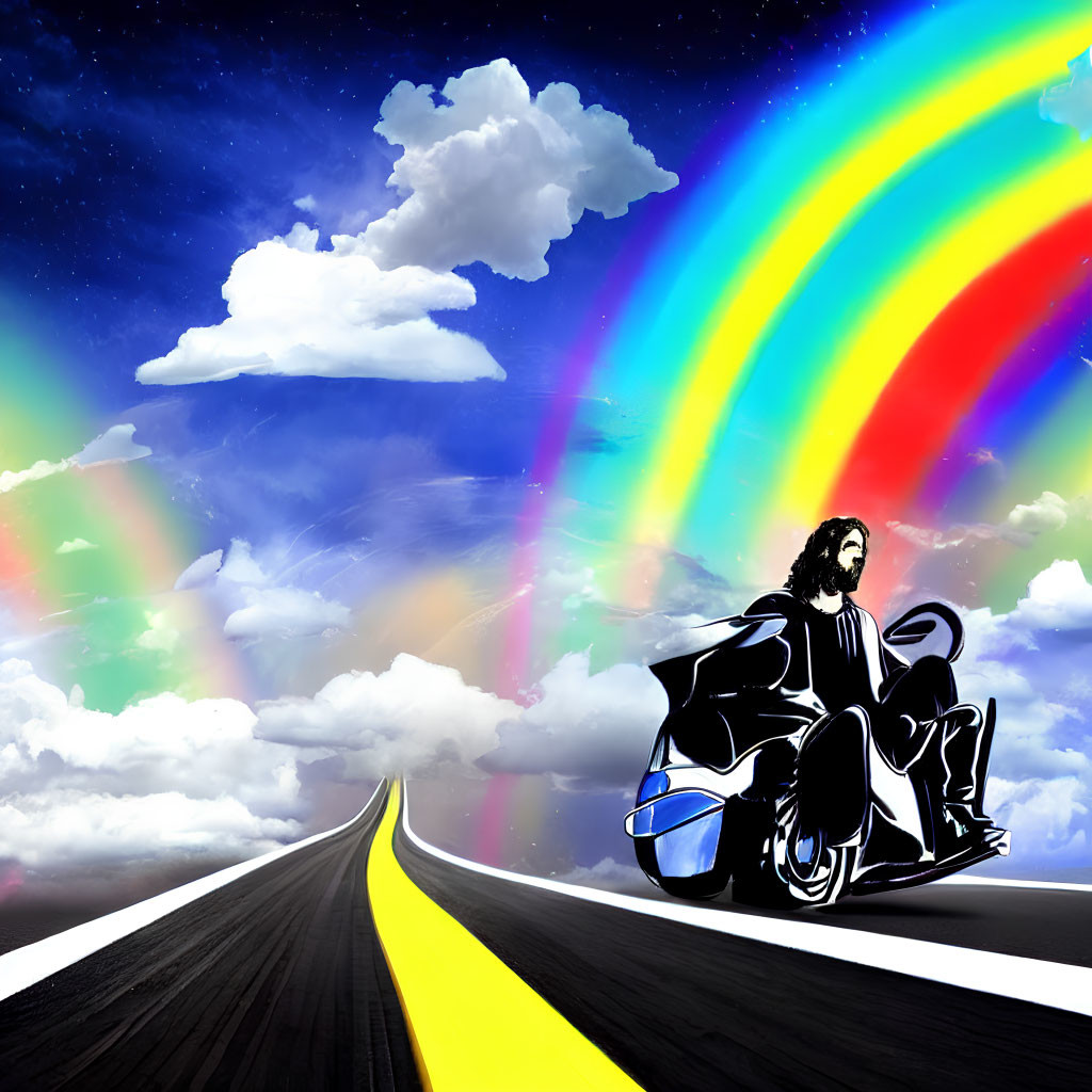 Motorcycle rider on winding road under vibrant rainbow and dramatic sky