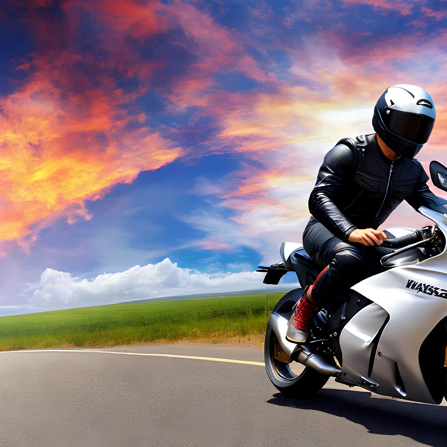 Motorcyclist in black leather gear on white sports bike under dramatic sky