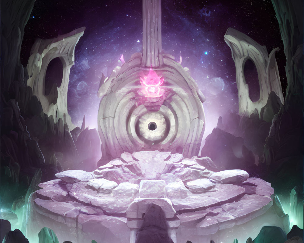 Mystical stone altar under starry sky with glowing orb and ancient ruins