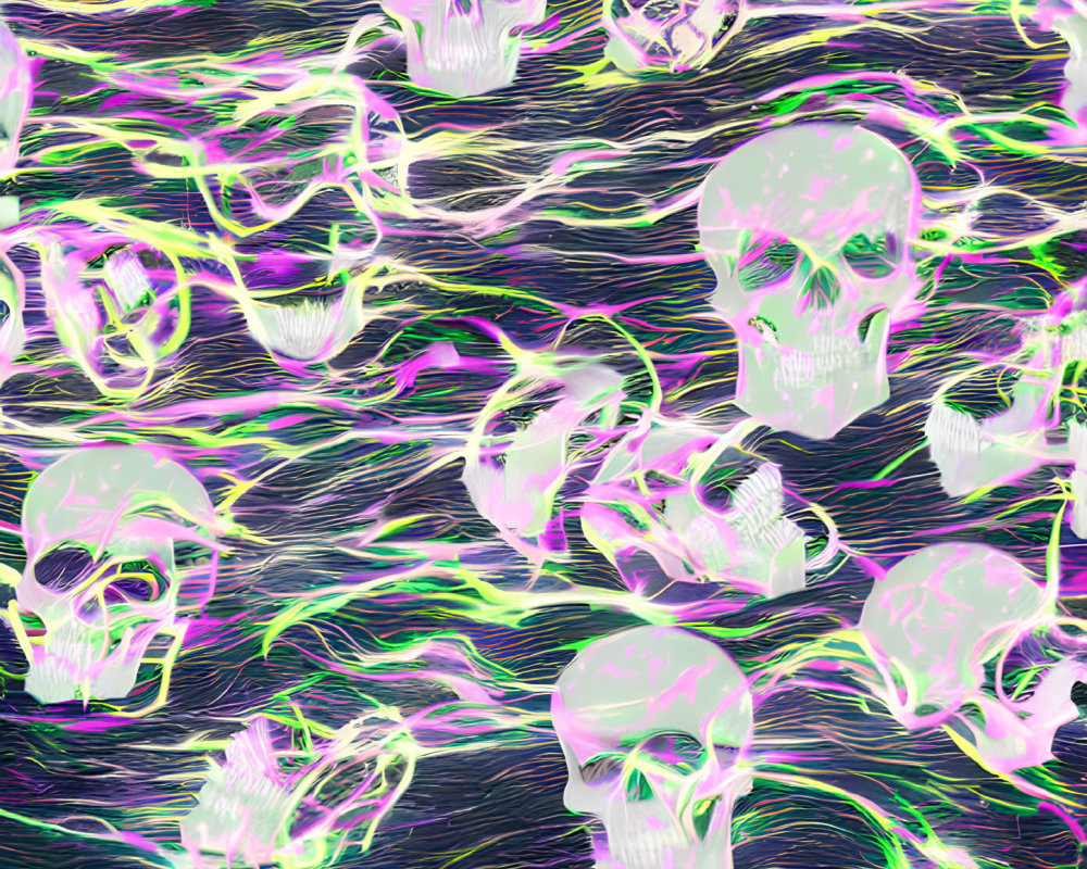 Neon skulls in vibrant swirling pattern on dark background