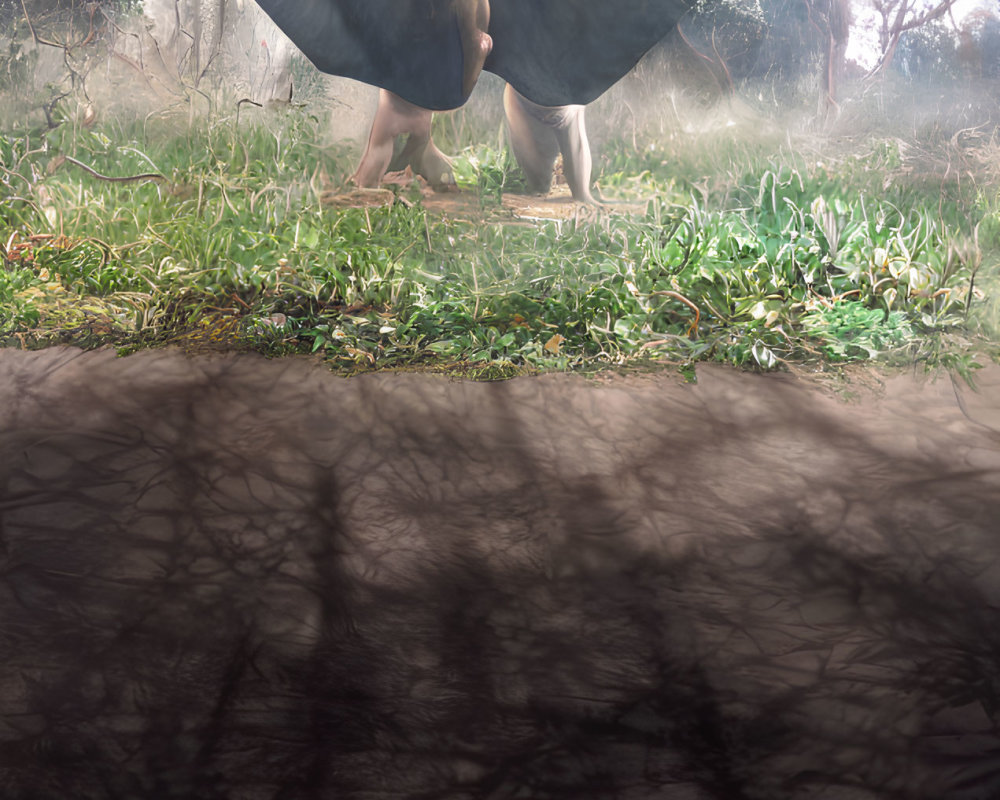 Person walking in grassy field under sheer fabric with tree shadows