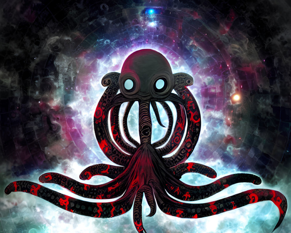 Glowing-eyed cosmic octopus in starfield with red patterns