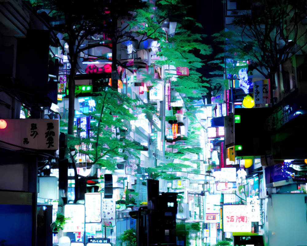 City street at night with illuminated signs and green trees