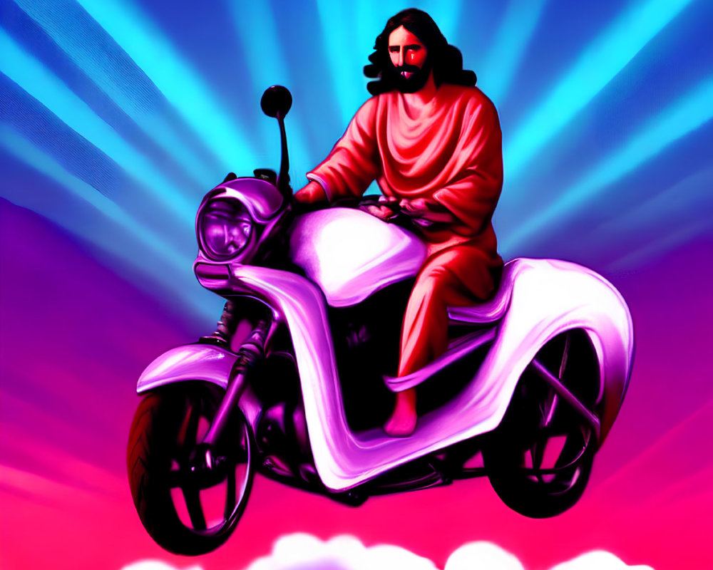 Figure in robe on motorcycle against colorful backdrop with rays