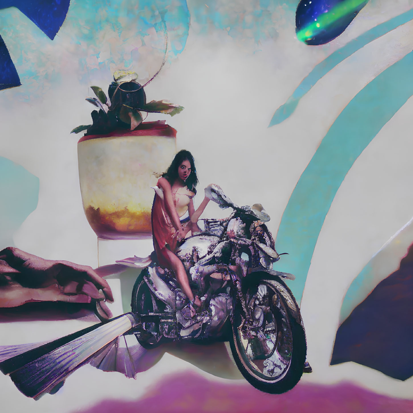 Fantasy-themed artwork featuring a woman on a decorative motorcycle with oversized books, quill pen, and