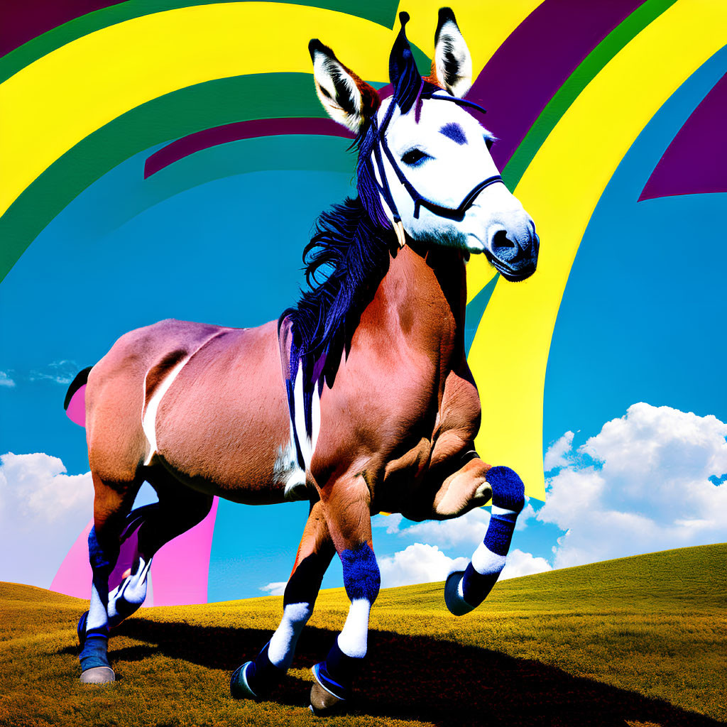 Zebra-horse hybrid on grassy hills with colorful geometric shapes