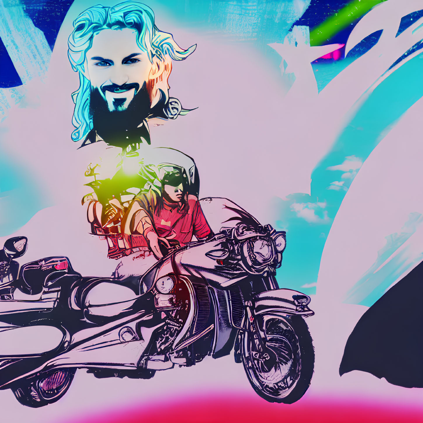 Colorful pop art image of bearded man and motorcycle