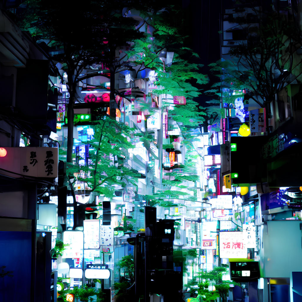 City street at night with illuminated signs and green trees