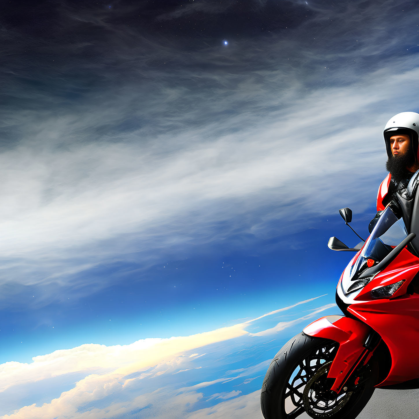 Person in White Helmet on Red Sport Motorcycle Under Dramatic Sky