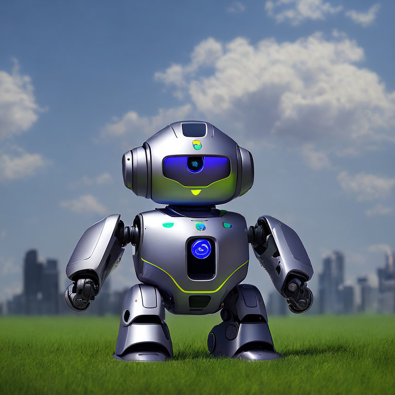 Futuristic robot on grass with city skyline backdrop