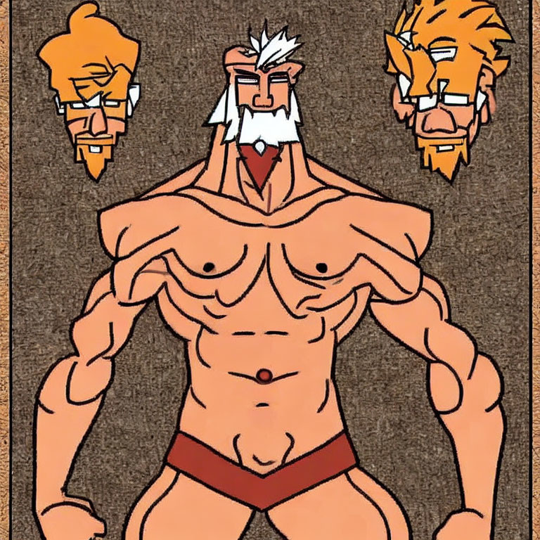 Muscular character with animated faces on chest and shoulders in red briefs on brown background