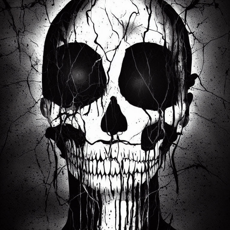 Monochrome skull graphic on textured dark background