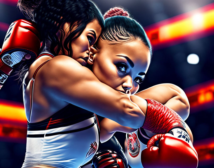 Female Boxers in Ring Surrounded by Vibrant Blue and Red Lighting