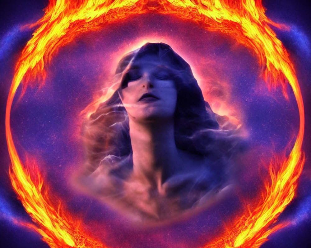 Surreal woman's face engulfed by flame circle on dark blue background