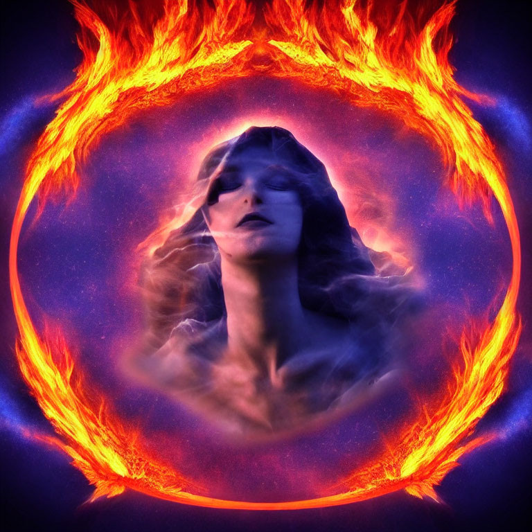 Surreal woman's face engulfed by flame circle on dark blue background