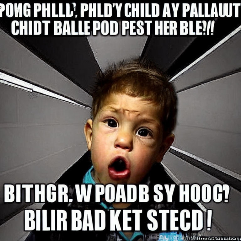 Wide-eyed toddler in tunnel background with distorted text