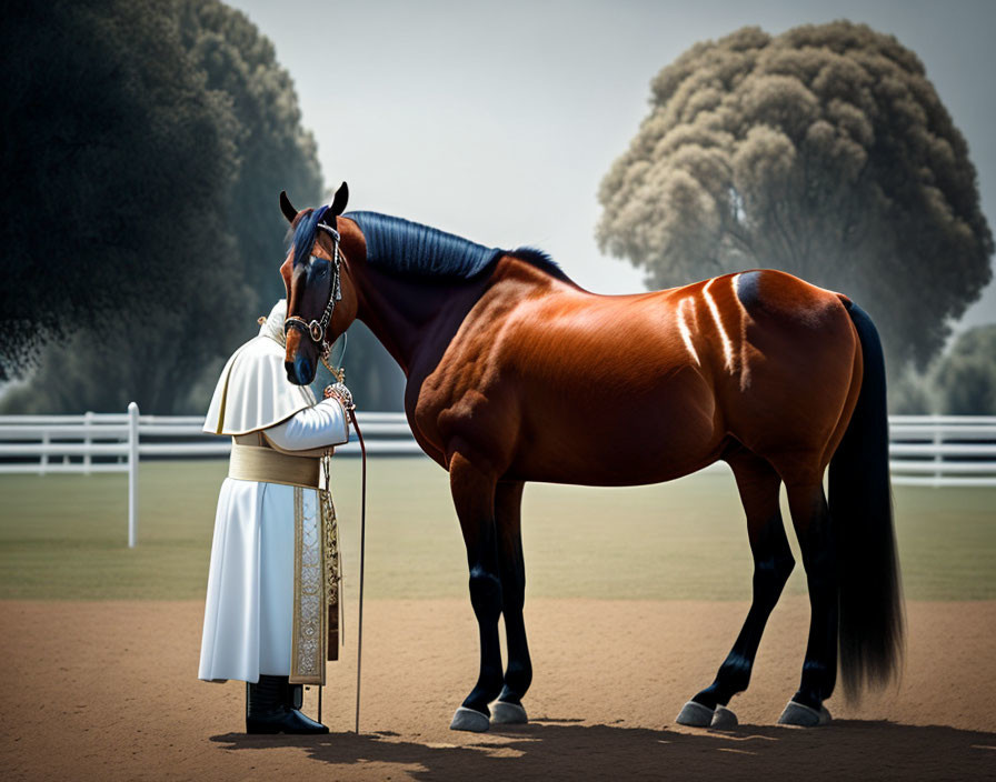 Blue Blanket Horse Standing with Person in White Robes and Book on Podium