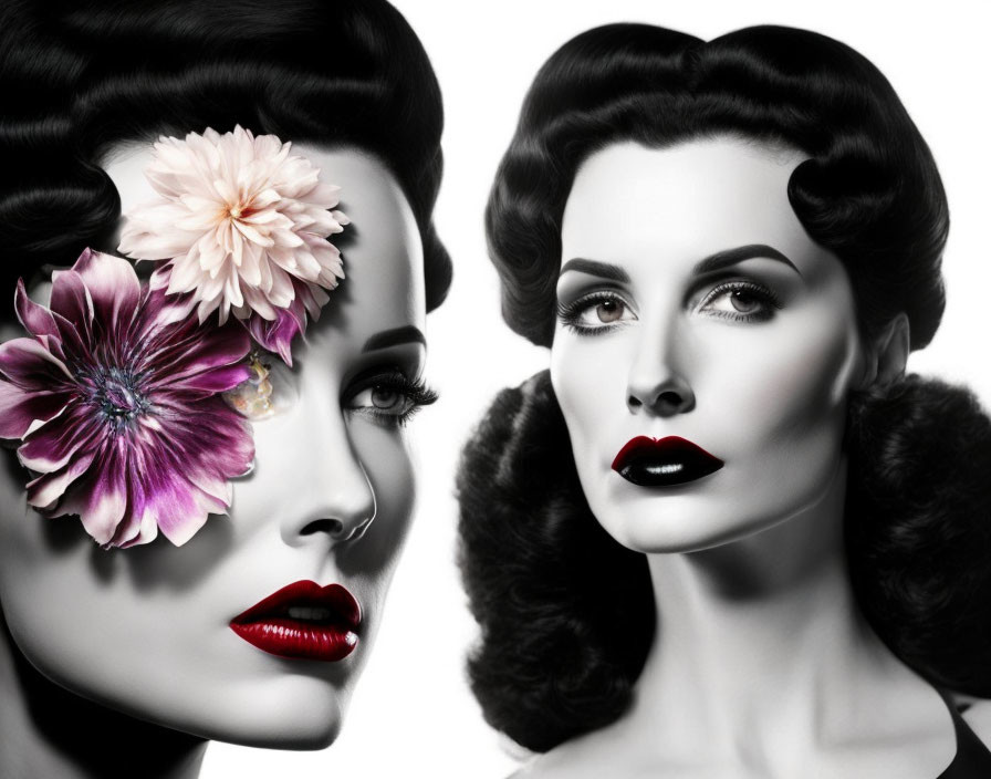 Vintage Hairstyles and Bold Red Lipstick Women with Flowers in Black and White Photo