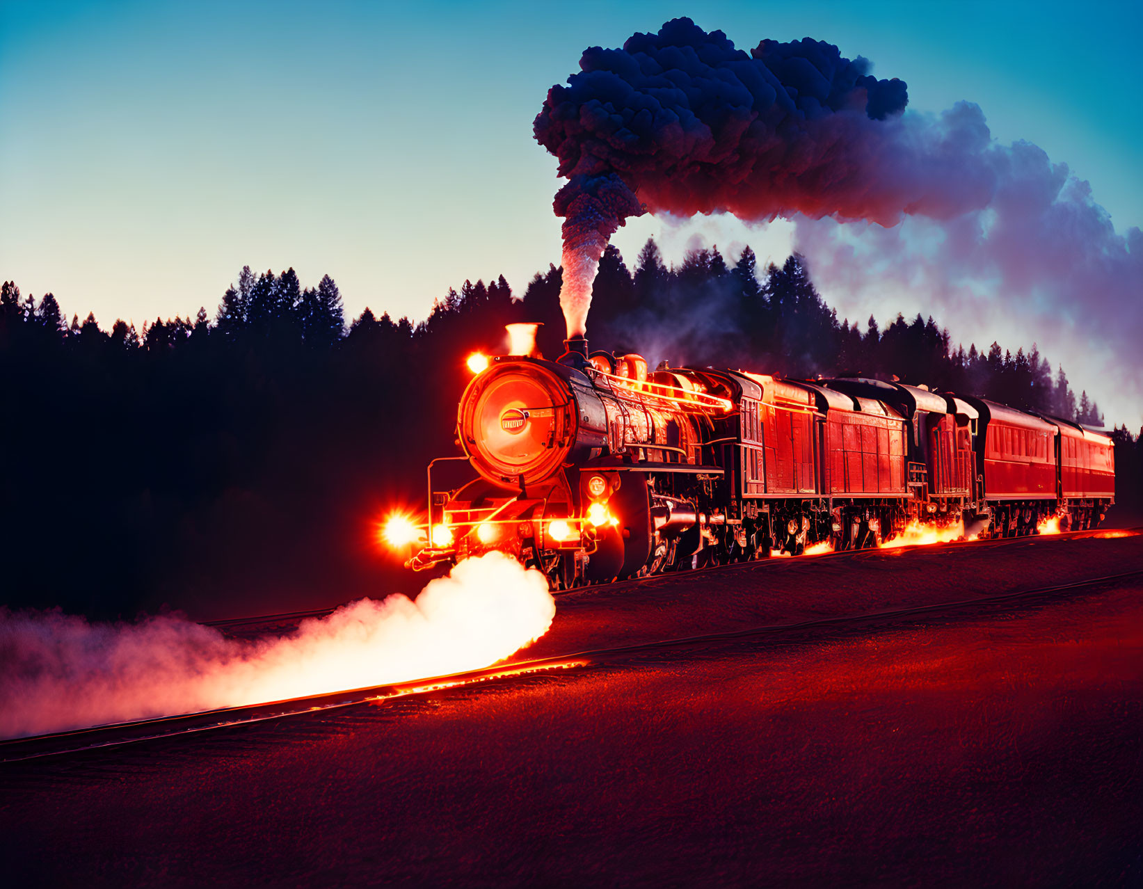 Vintage Steam Locomotive with Bright Headlights at Dusk