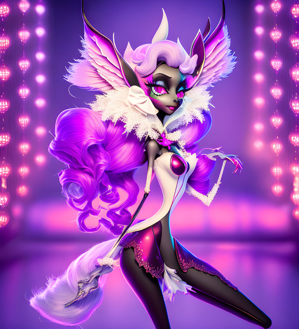 Colorful animated character with purple hair and wings in elegant attire on pink and purple backdrop