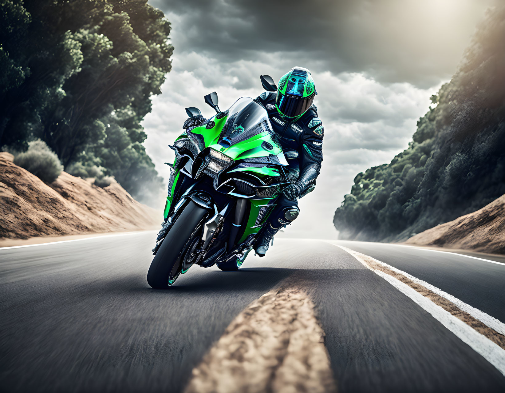 Motorcyclist in full gear leans on green sportbike on tree-lined road