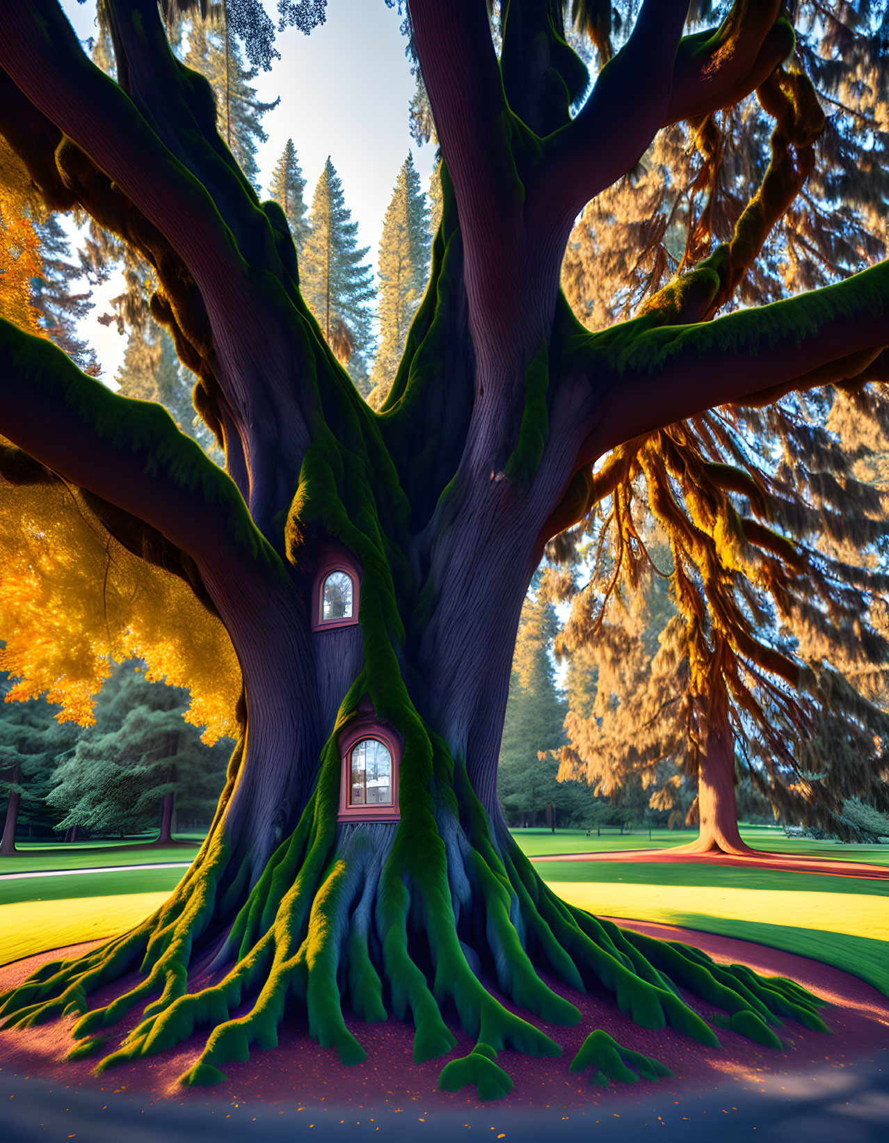 Enormous vibrant green tree with small windows in sunlit forest