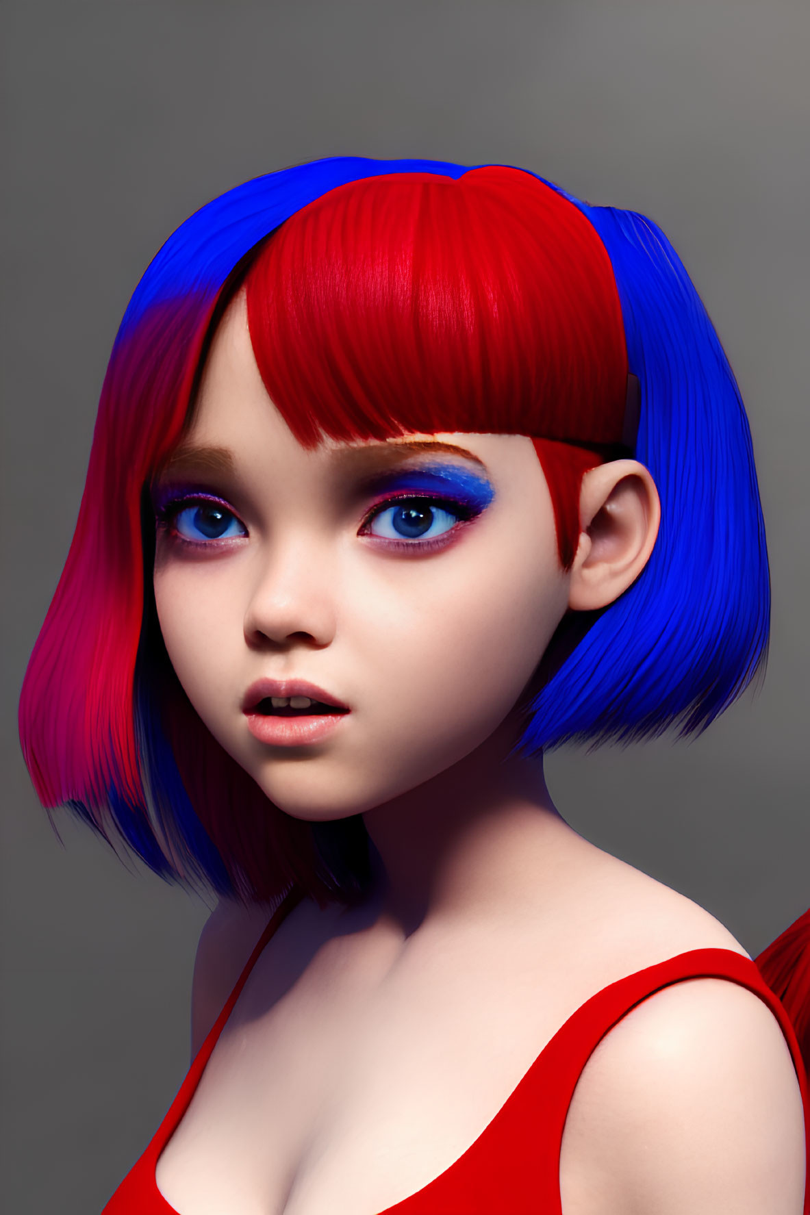 3D-rendered character with red and blue ombre hair, blue eyeshadow, fair