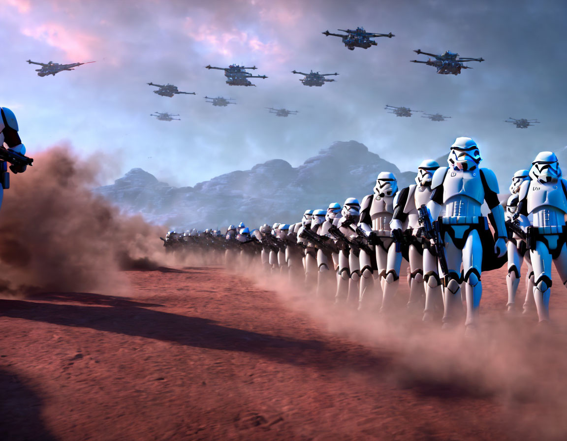 Sci-fi military operation: Stormtroopers on dusty terrain with flying ships