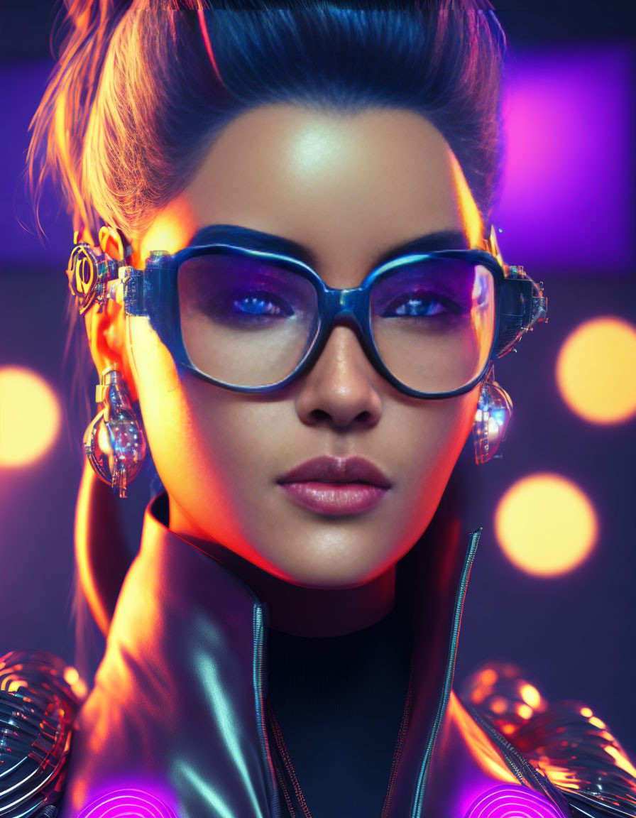 Futuristic woman with neon-lit accessories and glasses