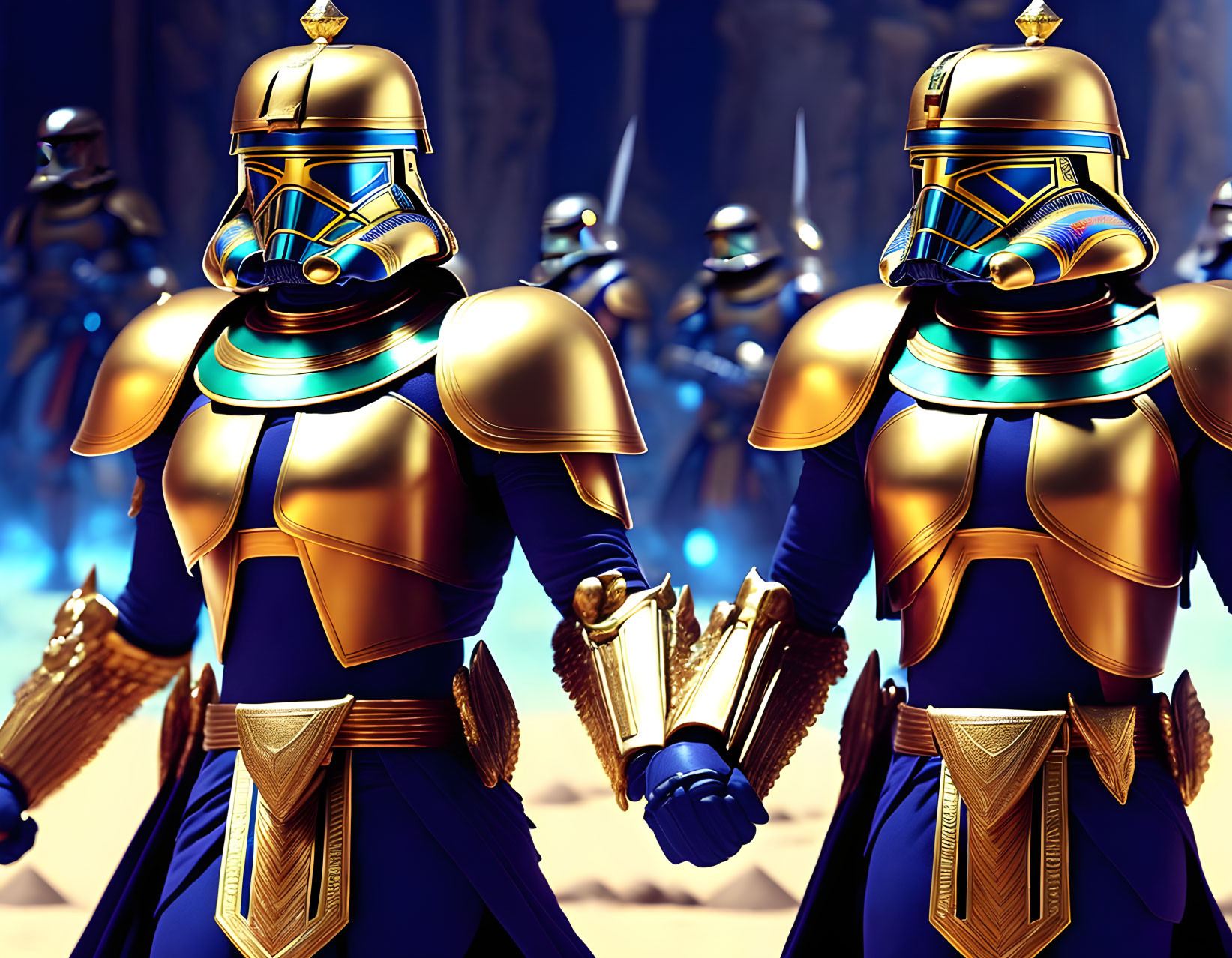 Armored knights with golden helmets and blue capes lead a formation of warriors.