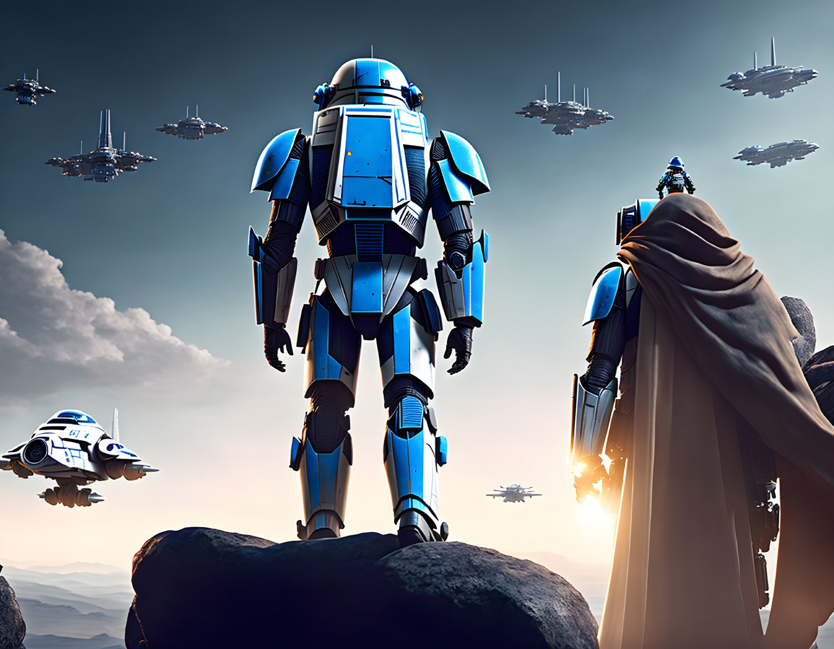 Blue armored robot and cloaked figure on rocky terrain watching flying ships