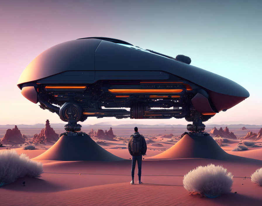 Person in desert at dusk views futuristic floating vehicle