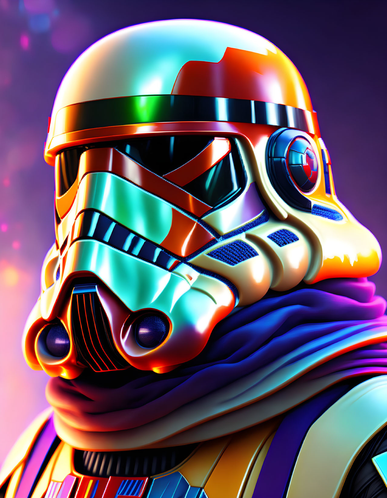 Vibrant neon Stormtrooper helmet with chromatic aberration on purple backdrop