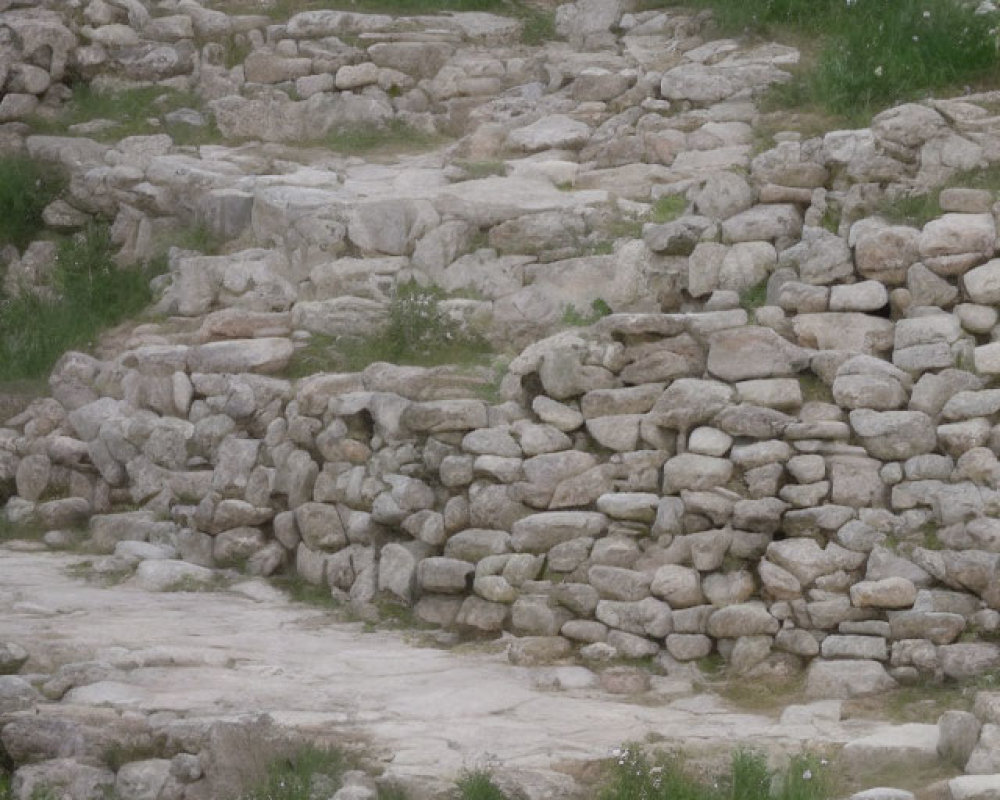 Weathered stone staircase in natural setting with grass and shrubs