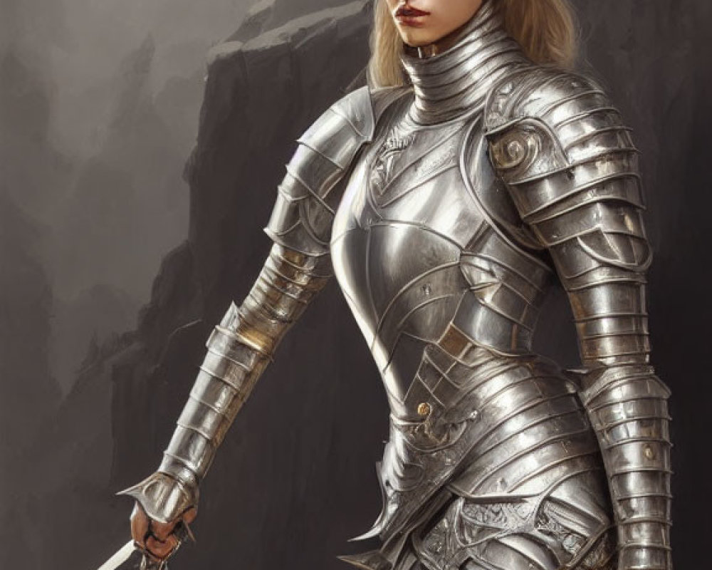 Blonde warrior in shining plate armor with sword under pale moon