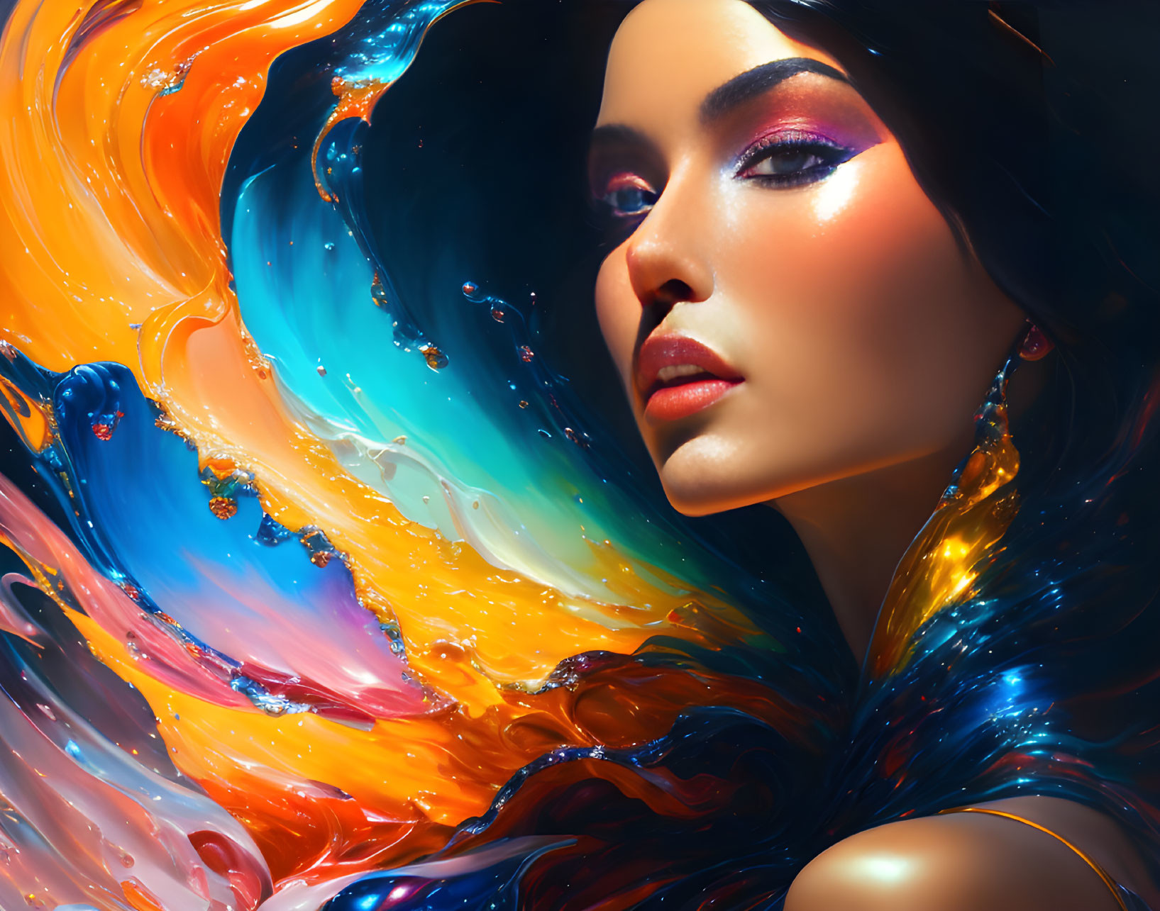 Vibrant surreal portrait of a woman with flowing galaxy colors