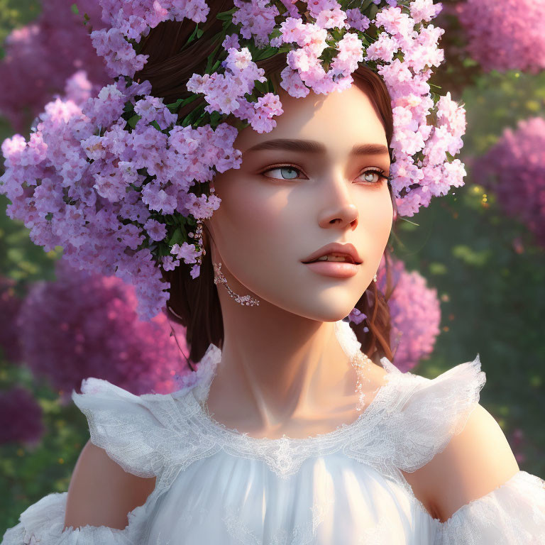 Woman with floral wreath in nature setting