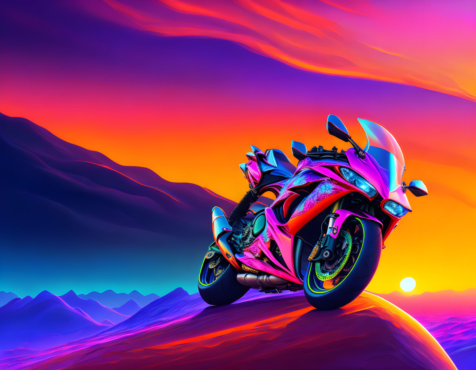 Colorful sports motorcycle on desert landscape with mountains and setting sun