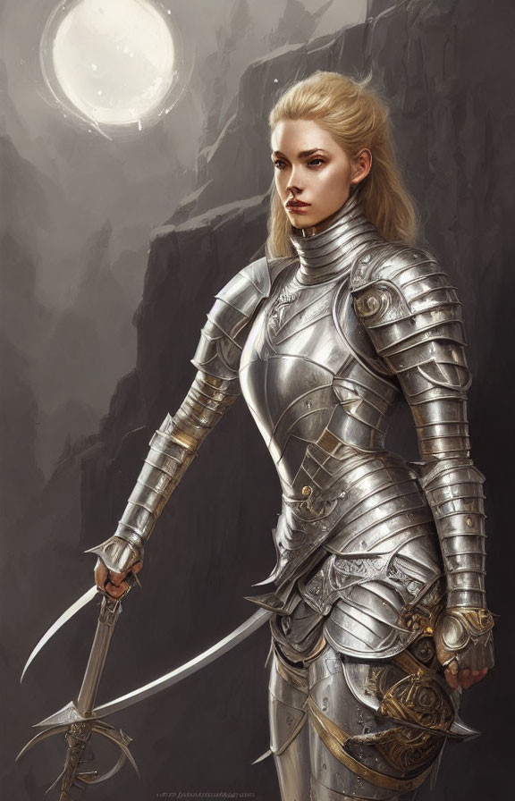 Blonde warrior in shining plate armor with sword under pale moon