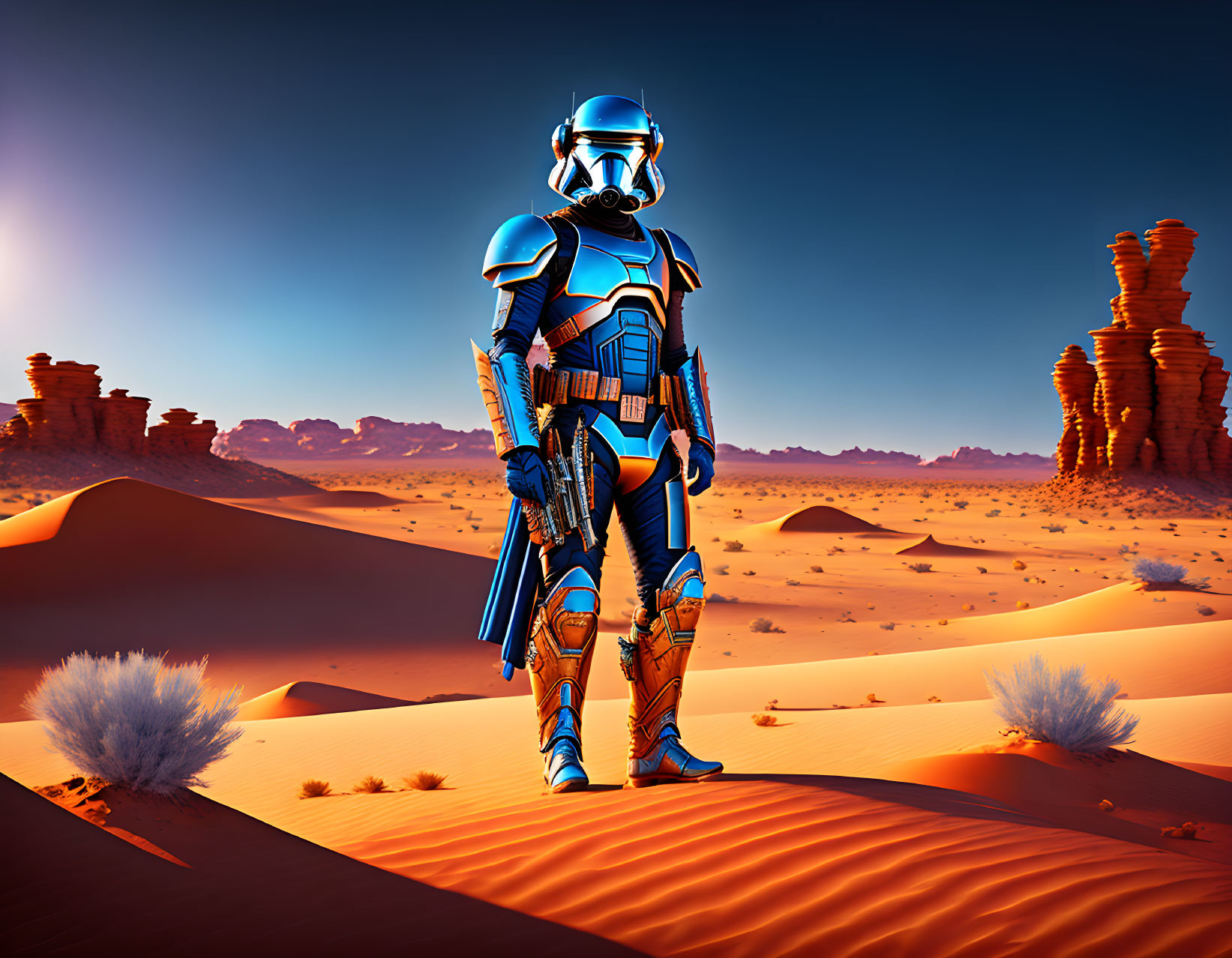 Futuristic soldier in blue and orange armor on desert backdrop