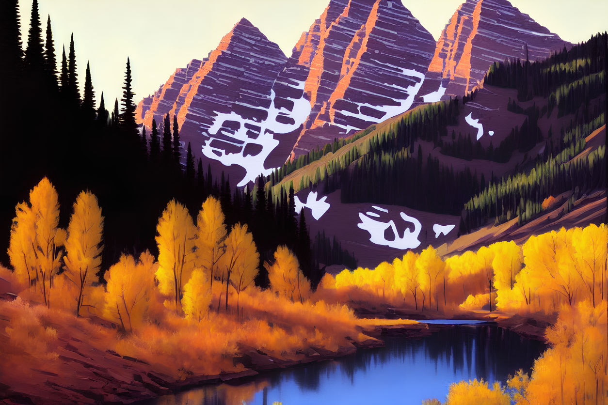 Scenic autumn landscape with yellow aspen trees, blue river, and snowy mountains