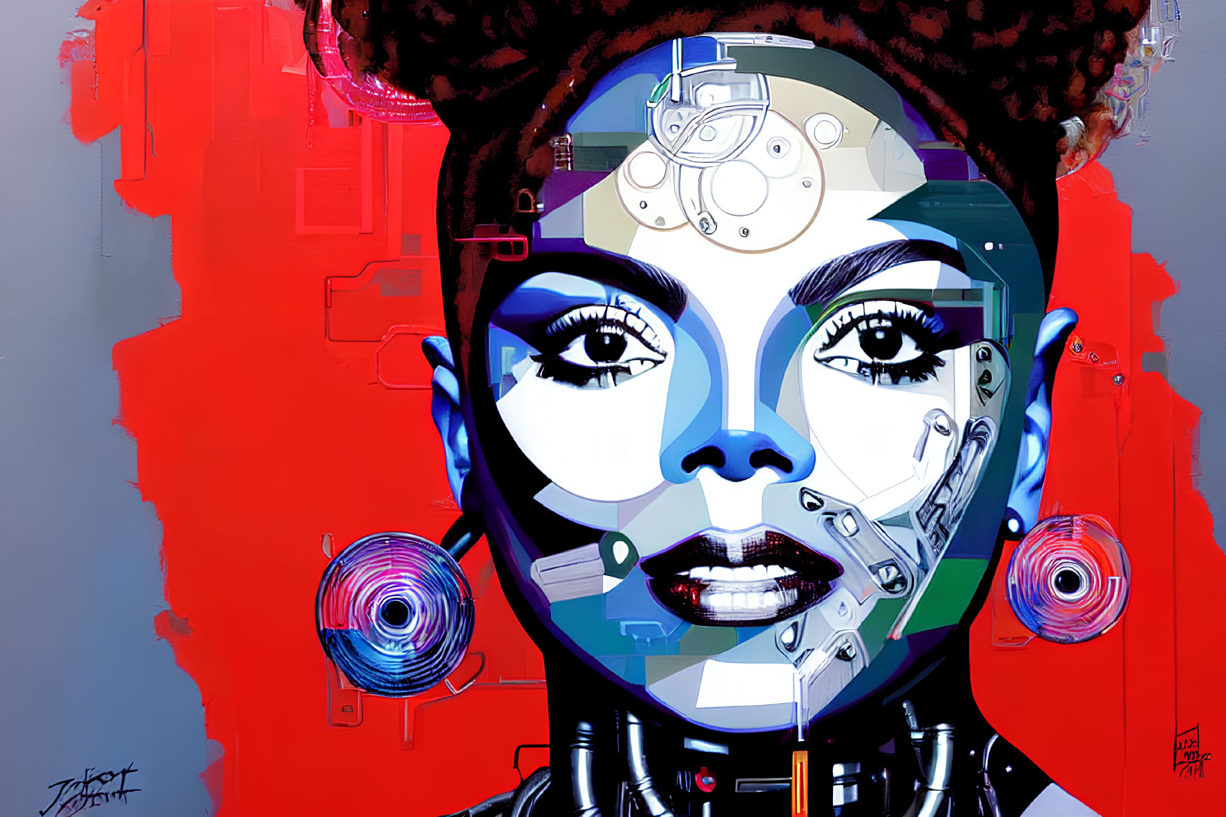 Colorful portrayal of a woman with cyborg features on red and grey backdrop